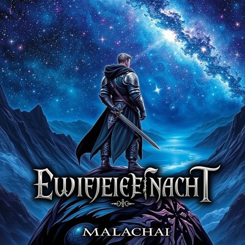 A captivating fantasy book cover featuring an otherworldly landscape dominated by a vast, starry night sky filled with vibrant constellations