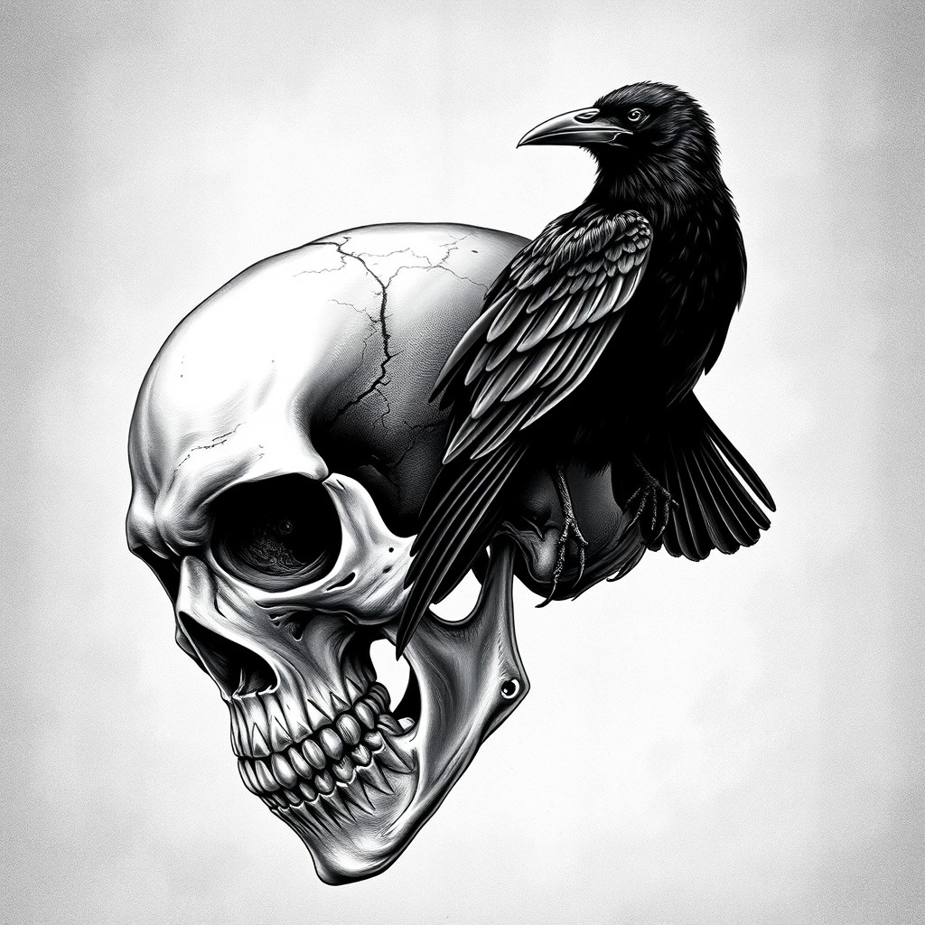 A stunning black and white artwork featuring a detailed skull and a raven perched on top of it