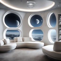 Modern and chic space station apartment featuring round windows, offering an unrivaled view of the moon, with the station orbiting the lunar surface.