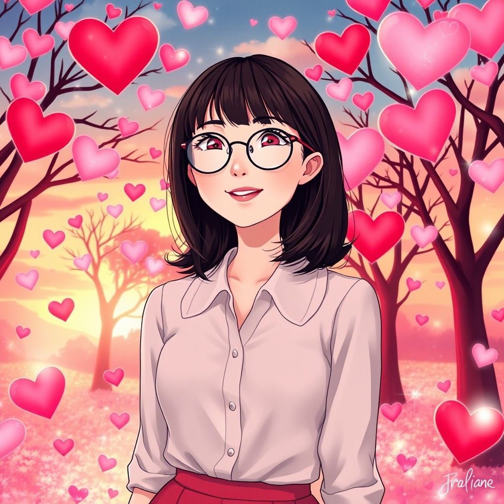 An office worker girl with medium length dark brown hair and bangs, wearing semi-round glasses, standing in a whimsical fantasy Valentine's land filled with vibrant pink and red heart-shaped trees, floating pastel clouds, and sparkling fairy lights