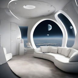 Modern and chic space station apartment featuring round windows, offering an unrivaled view of the moon, with the station orbiting the lunar surface.