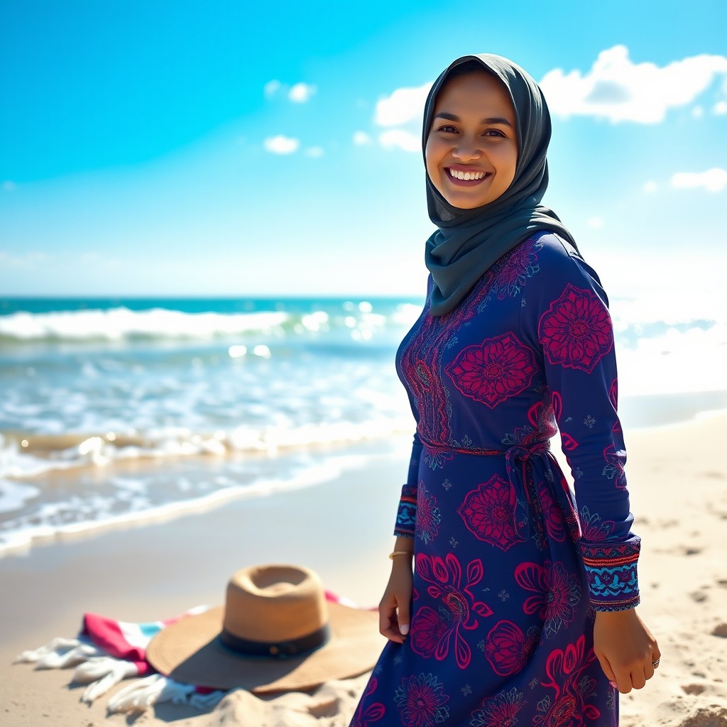 A beautiful Muslim woman confidently wearing a stylish burkini, standing on the beach with bright sunlight reflecting off the water