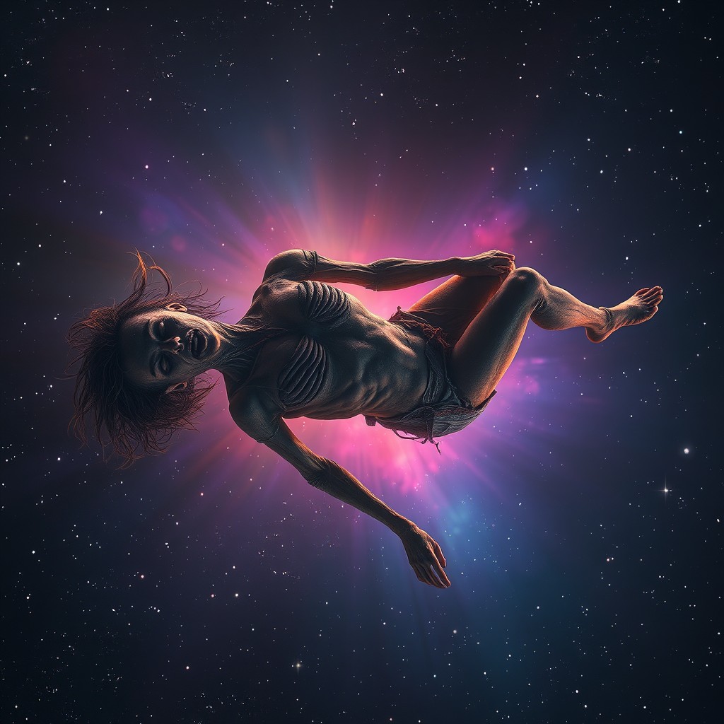 A floating corpse in space, surrounded by a glowing aura of light