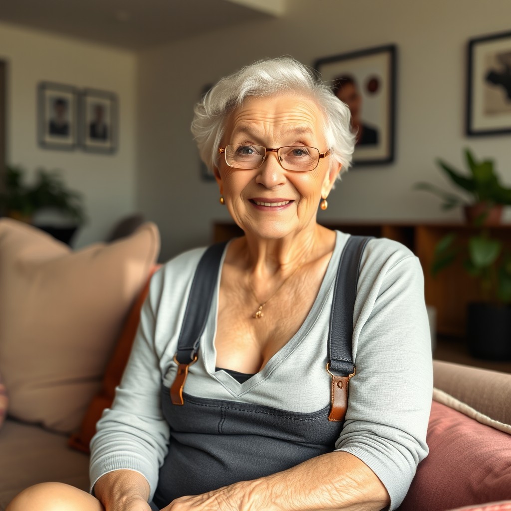 An elderly woman confidently wearing a well-detailed strap-on, sitting in a comfortable modern living room