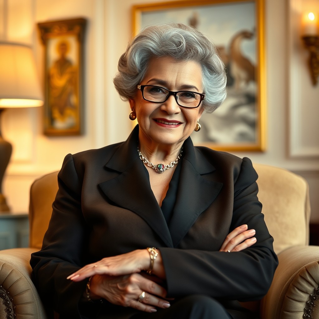 A dominant elderly woman exuding confidence and authority, with a strong presence