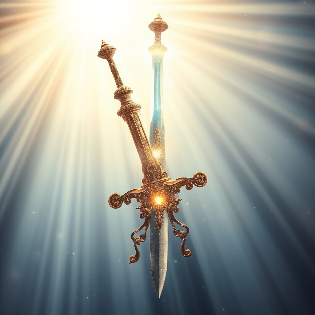 A sacred ancient holy heroine sword surrounded by a radiant glow of sacred light, symbolizing hope