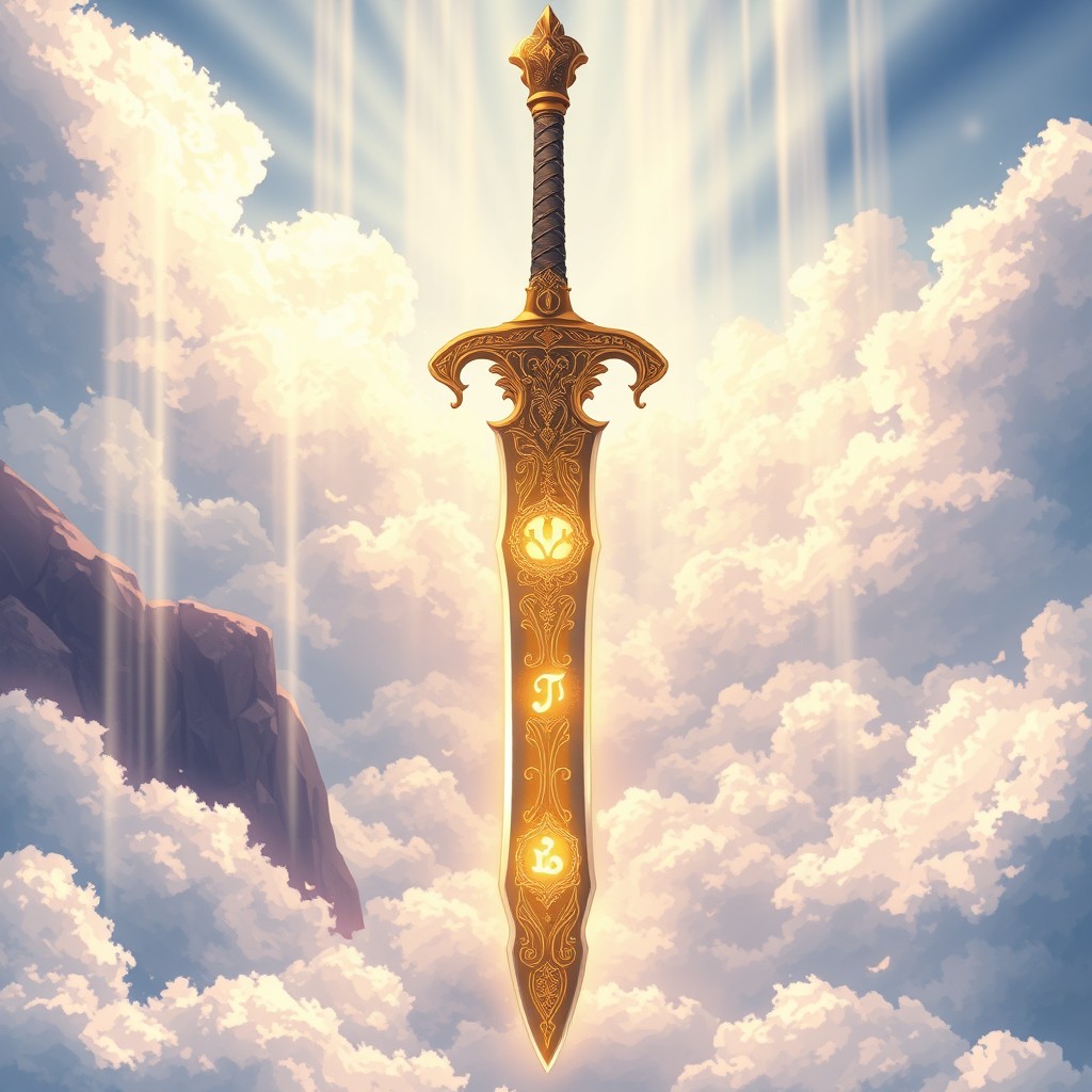 A sacred ancient holy heroine sword, intricately designed with ornate patterns and glowing runes, surrounded by a radiant light of hope that bathes the sword in a warm, ethereal glow