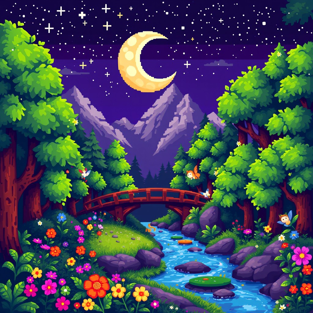 A vibrant and detailed pixel art scene depicting a magical forest at twilight
