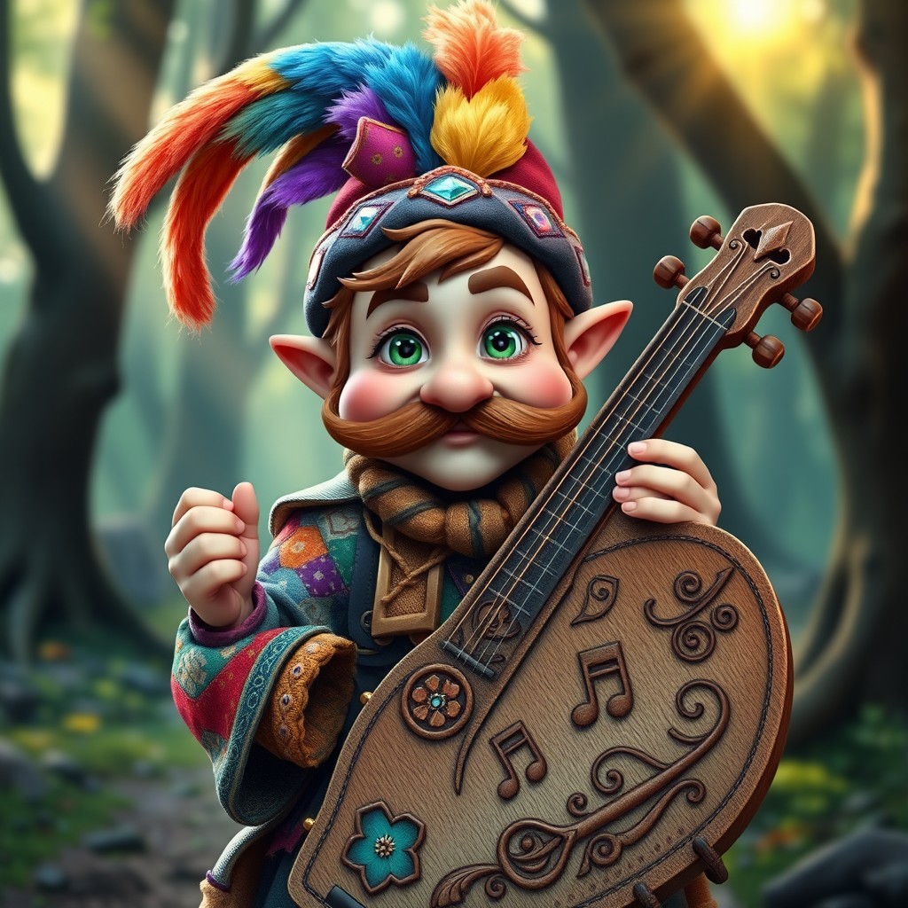 A whimsical halfling bard with a charming mustache, wearing a colorful feather cap