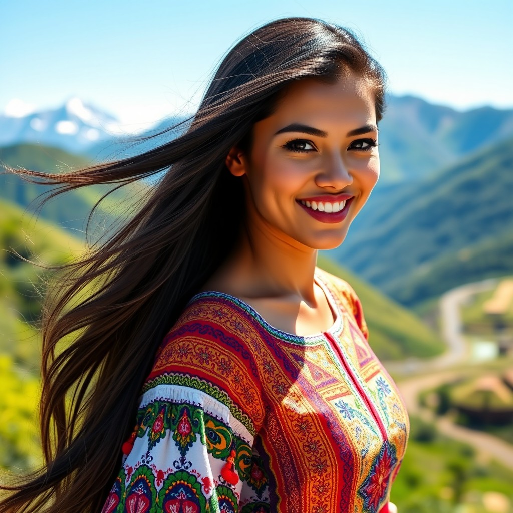A stunningly beautiful Chilean woman with long, flowing black hair and deep brown eyes, showcasing a radiant smile