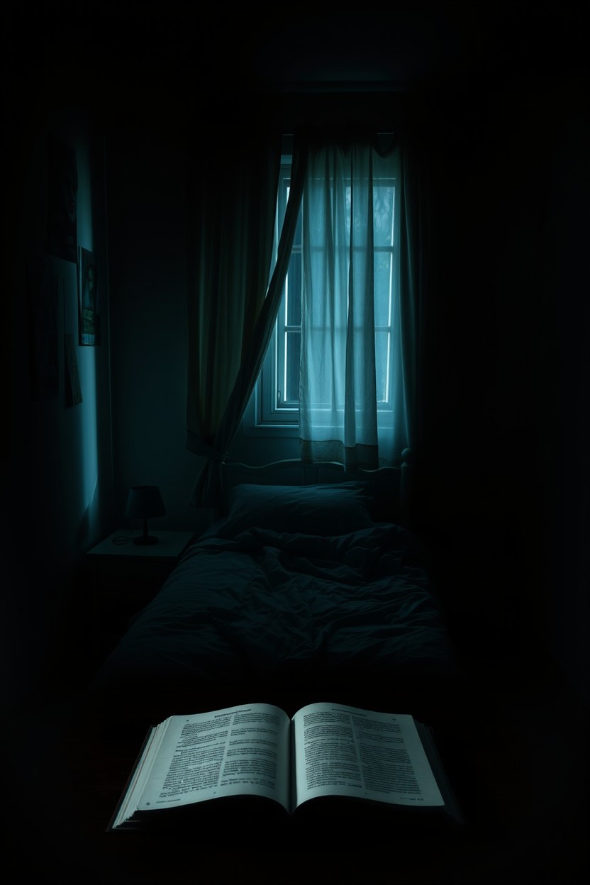 A nighttime bedroom scene belonging to a teenage boy, featuring a simple bed with unmade sheets, a nightstand beside it