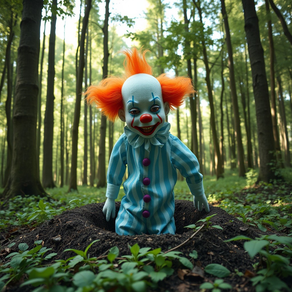 A tall, thin, rag doll clown emerging from a hole in the ground in the middle of a lush forest
