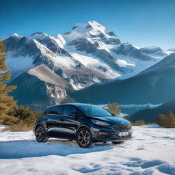 A glossy black car parked at a stunning mountain location with a panoramic view of snow-capped peaks under a crisp blue sky.