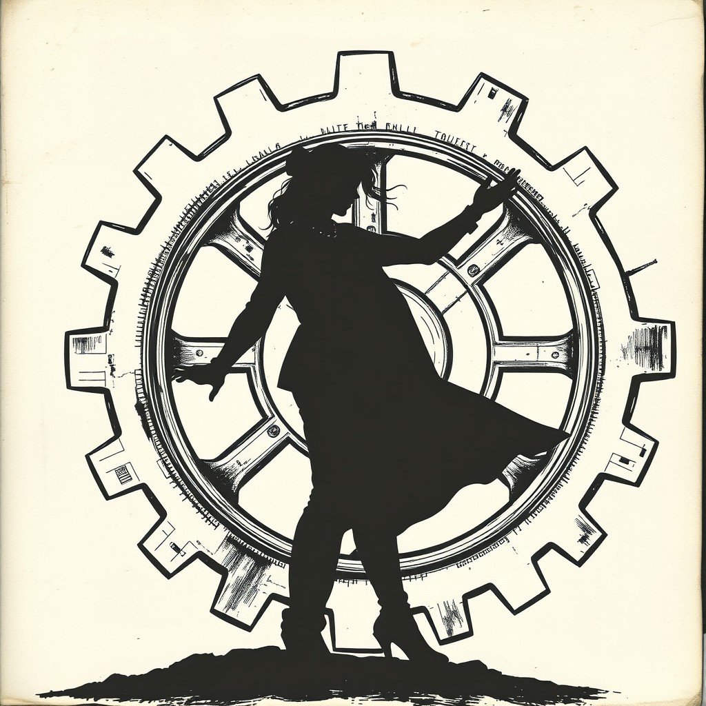 A black and white drawing featuring the outlines of a person's figure elegantly silhouetted against a large gear in the background