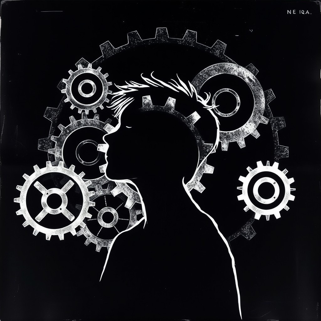 A white drawing set against a deep black background, featuring the outlines of a person's head and shoulders artistically integrated into a backdrop of large gears