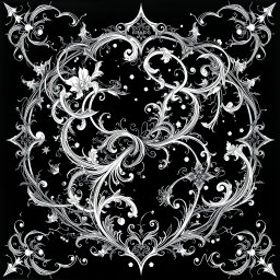 An intricate and abstract white drawing set against a stark black background, showcasing detailed patterns and shapes reminiscent of black metal album covers
