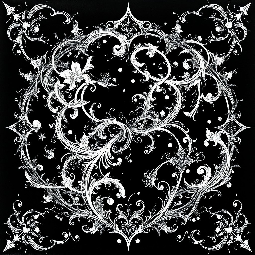 An intricate and abstract white drawing set against a stark black background, showcasing detailed patterns and shapes reminiscent of black metal album covers