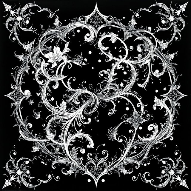 An intricate and abstract white drawing set against a stark black background, showcasing detailed patterns and shapes reminiscent of black metal album covers