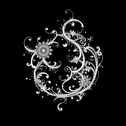 An intricate and abstract white drawing set against a stark black background, showcasing detailed patterns and shapes reminiscent of black metal album covers