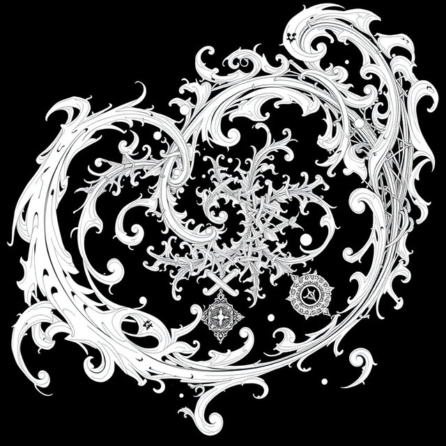 An intricate and abstract white drawing set against a stark black background, showcasing detailed patterns and shapes reminiscent of black metal album covers