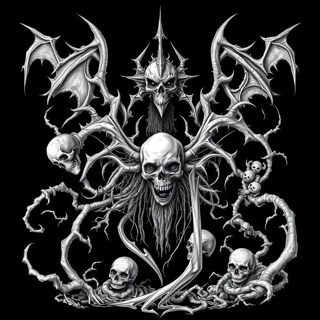 A haunting white drawing in a black metal style, featuring intricate horror-themed elements set against a deep black background