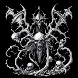 A haunting white drawing in a black metal style, featuring intricate horror-themed elements set against a deep black background