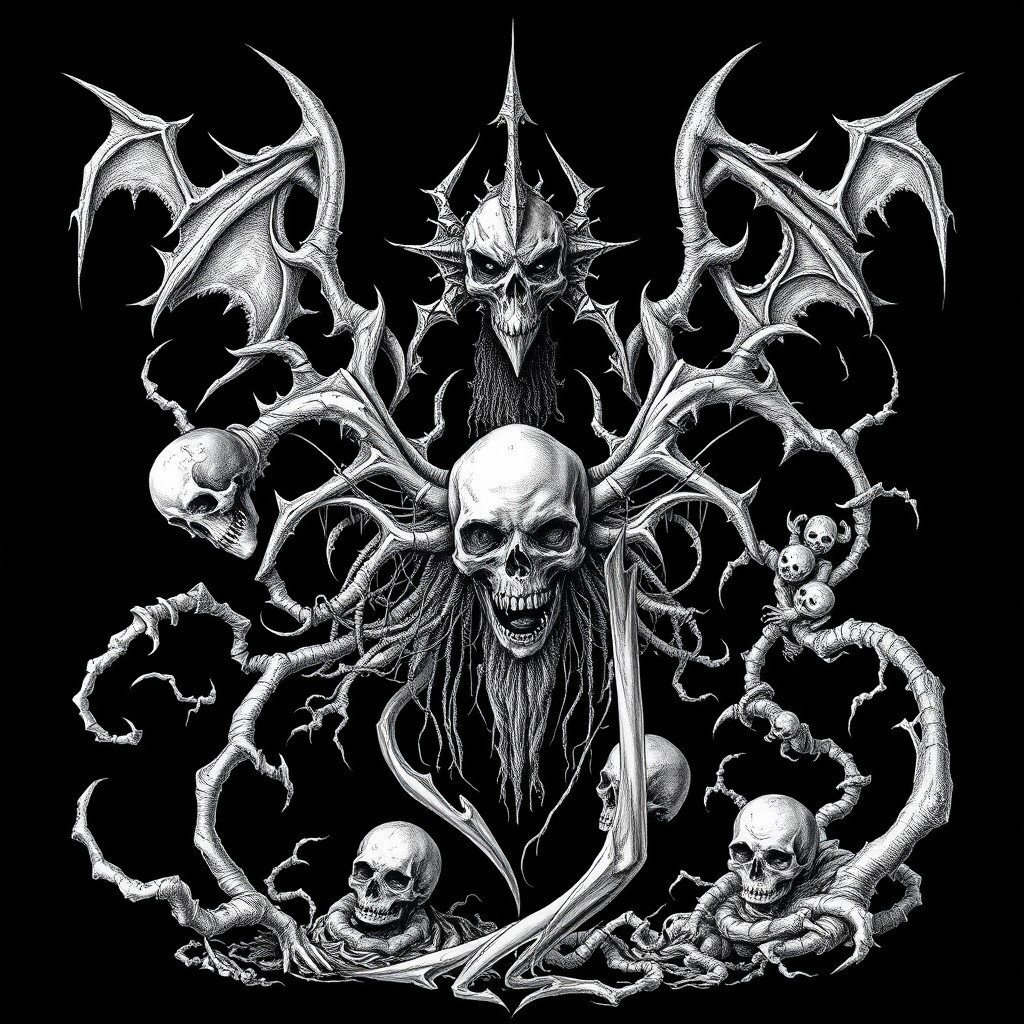 A haunting white drawing in a black metal style, featuring intricate horror-themed elements set against a deep black background