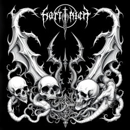 A haunting white drawing in a black metal style, featuring intricate horror-themed elements set against a deep black background