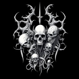 A haunting white drawing in a black metal style, featuring intricate horror-themed elements set against a deep black background