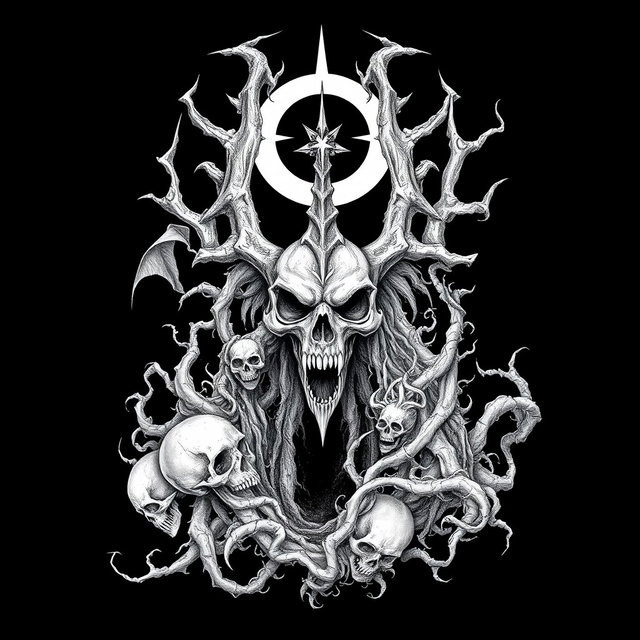 A haunting white drawing in a black metal style, featuring intricate horror-themed elements set against a deep black background