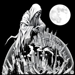 A striking white drawing in a black metal style horror theme, depicting the figure of Death leaning over a darkly imagined planet that is adorned with sprawling, dystopian cities