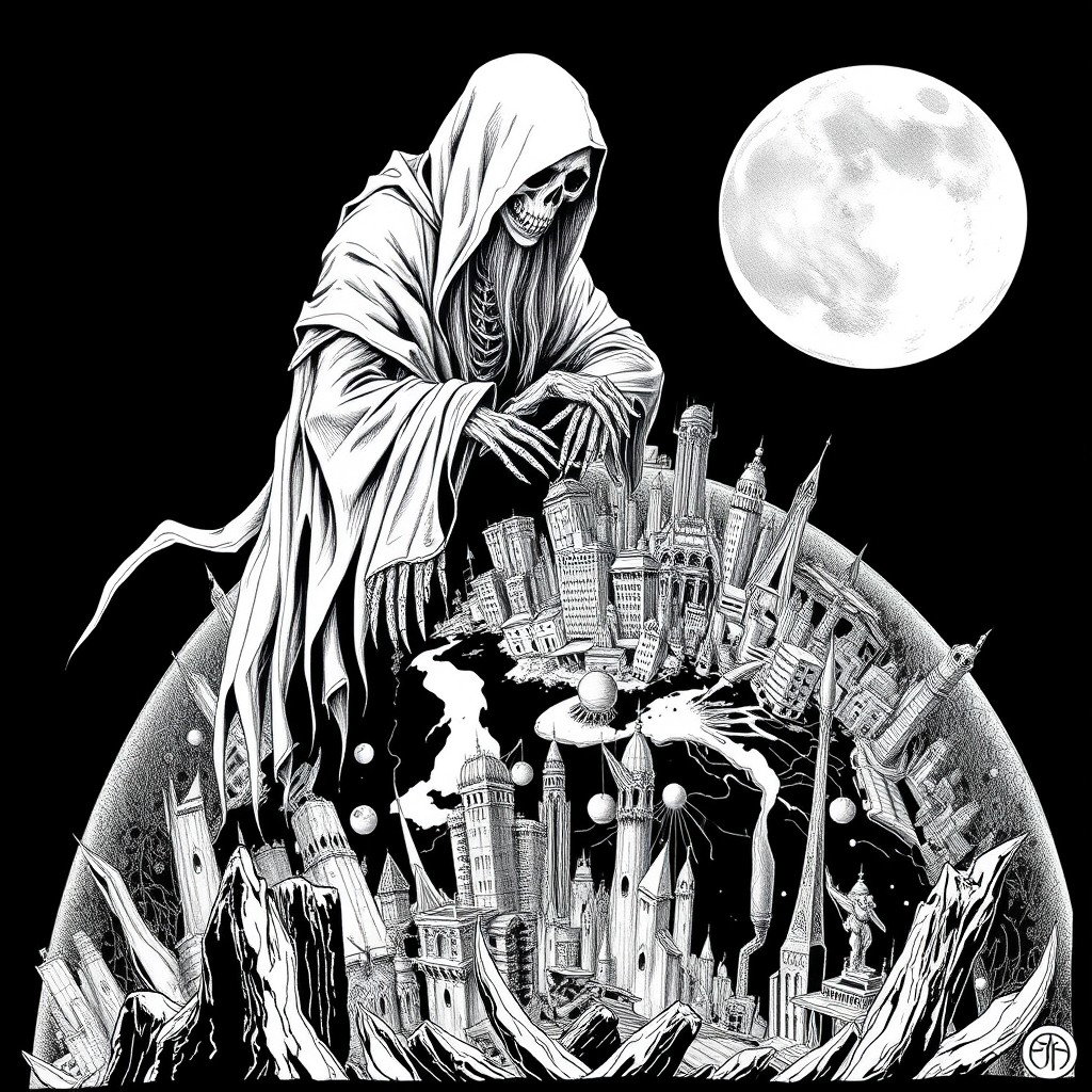 A striking white drawing in a black metal style horror theme, depicting the figure of Death leaning over a darkly imagined planet that is adorned with sprawling, dystopian cities
