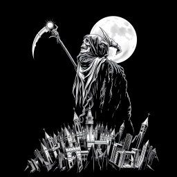 A striking white drawing in a black metal style horror theme, depicting the figure of Death leaning over a darkly imagined planet that is adorned with sprawling, dystopian cities