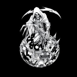 A striking white drawing in a black metal style horror theme, depicting the figure of Death leaning over a darkly imagined planet that is adorned with sprawling, dystopian cities