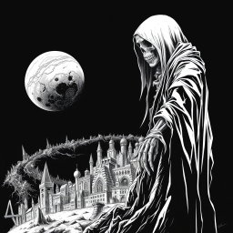 A striking white drawing in a black metal style horror theme, depicting the figure of Death leaning over a darkly imagined planet that is adorned with sprawling, dystopian cities