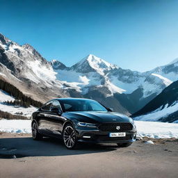 A glossy black car parked at a stunning mountain location with a panoramic view of snow-capped peaks under a crisp blue sky.