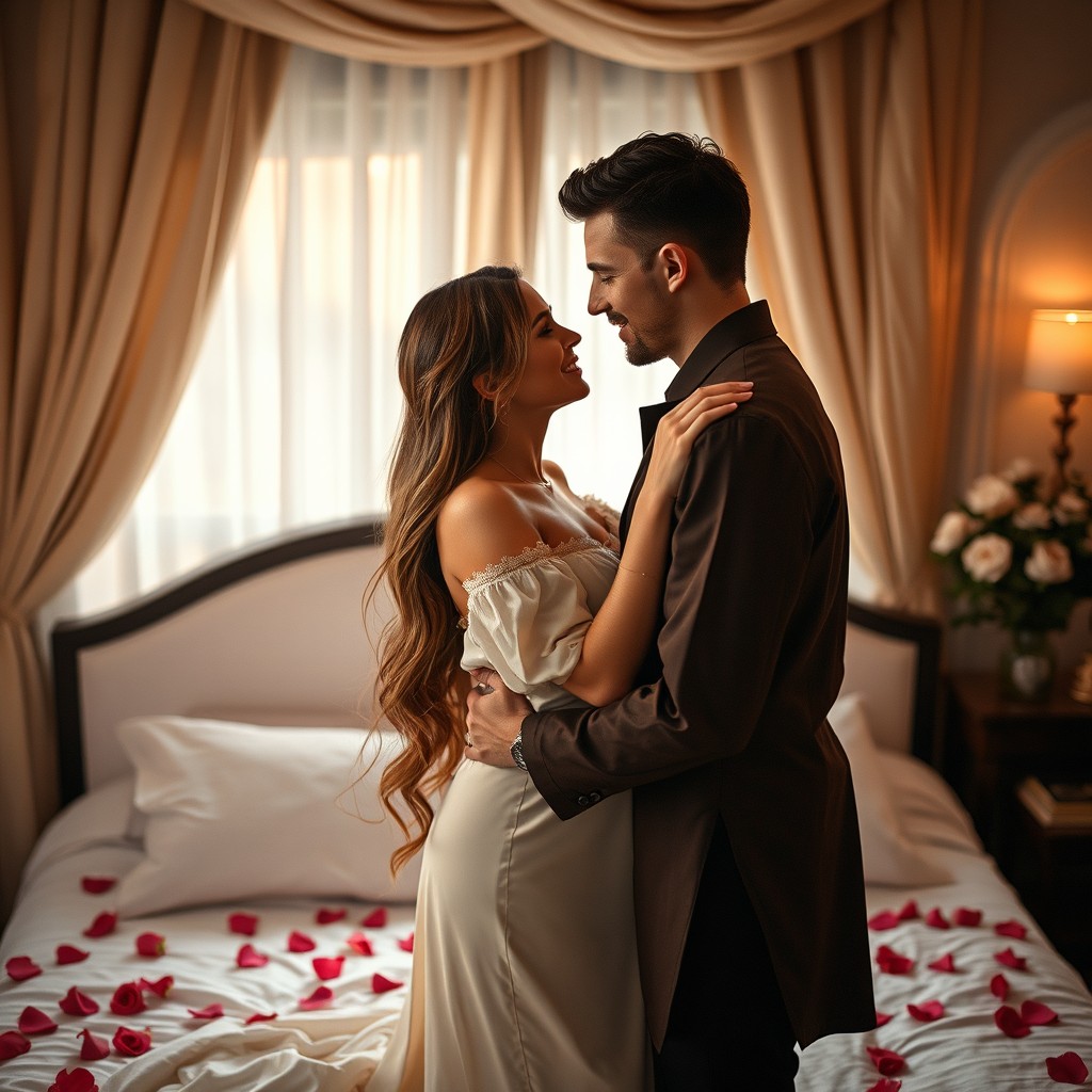 A romantic and intimate scene depicting a couple in a bedroom setting, with soft lighting that creates a warm and inviting atmosphere