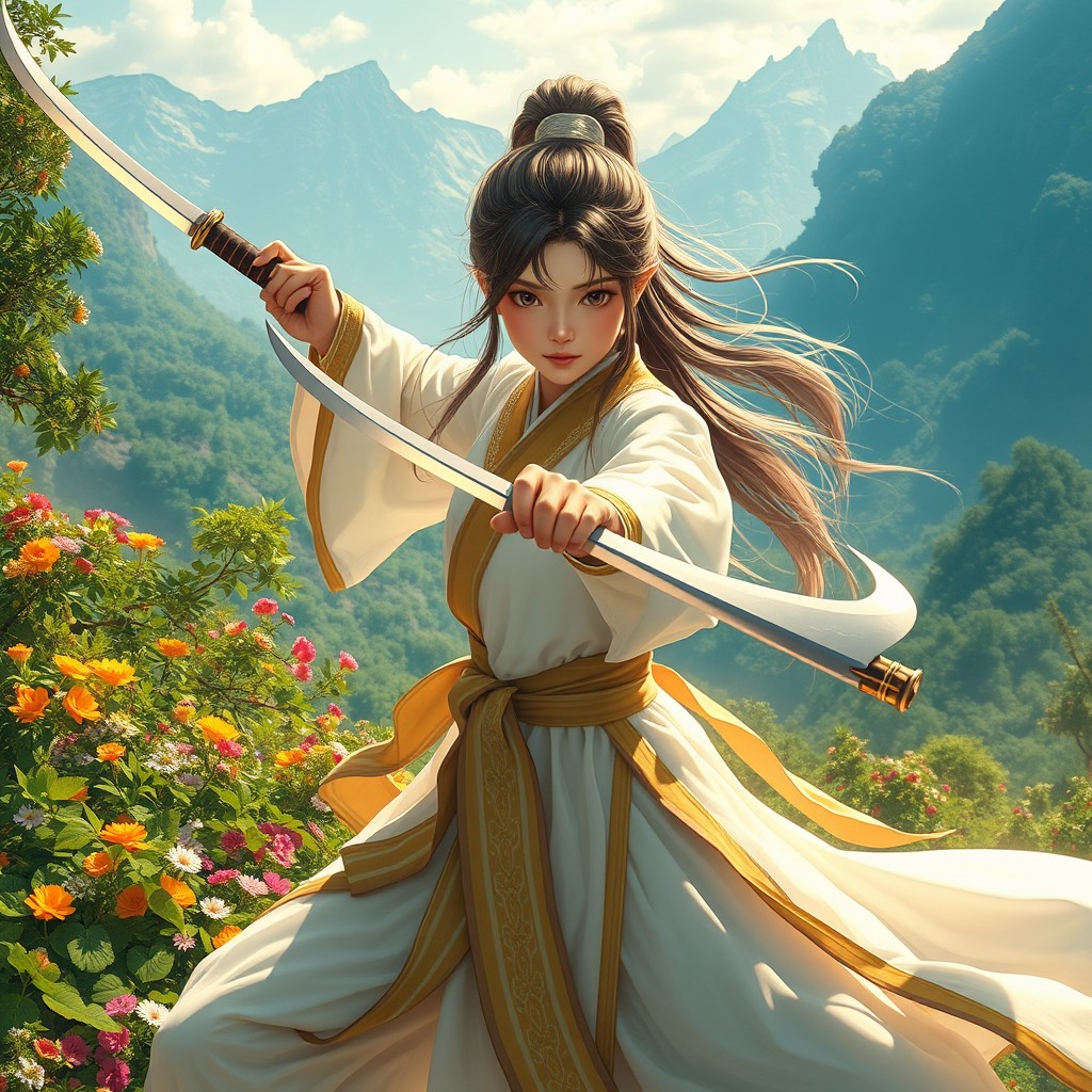 A fantasy yet realistic portrayal of a girl with Asian features, striking a combat pose as a monk, wielding two swords