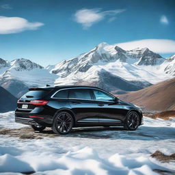 A glossy black car parked at a stunning mountain location with a panoramic view of snow-capped peaks under a crisp blue sky.