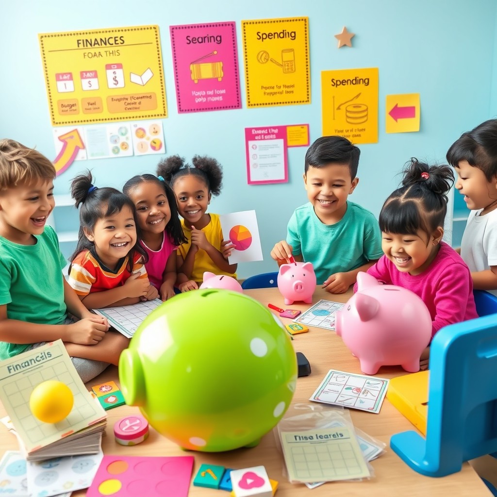 A vibrant and colorful financial education scene designed for children, showcasing young learners engaging with fun, interactive educational tools about money management