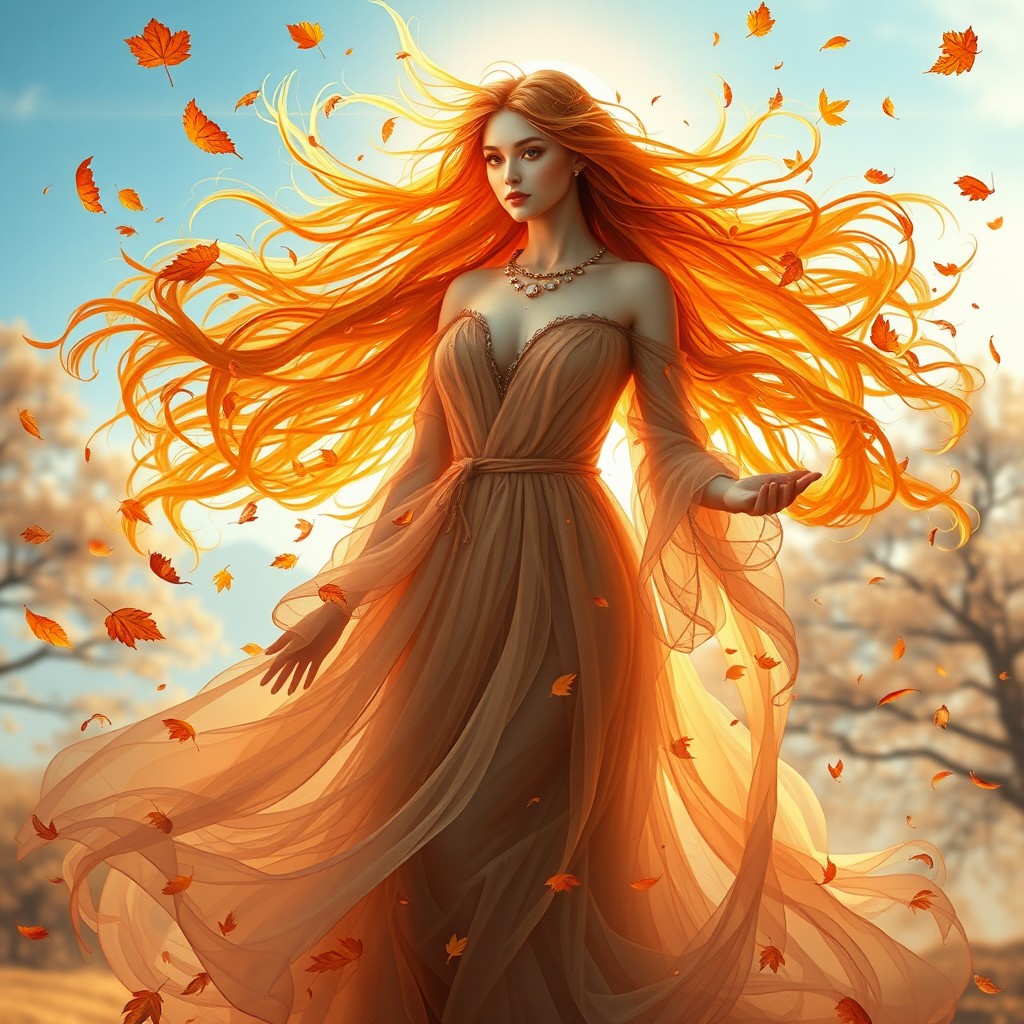 A majestic goddess representing the impermanence of autumn, embodying qualities of air