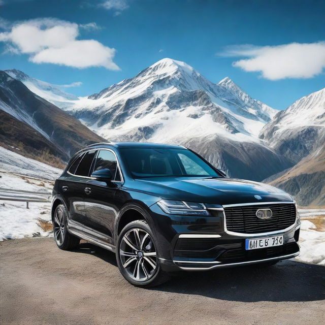 A glossy black car parked at a stunning mountain location with a panoramic view of snow-capped peaks under a crisp blue sky.