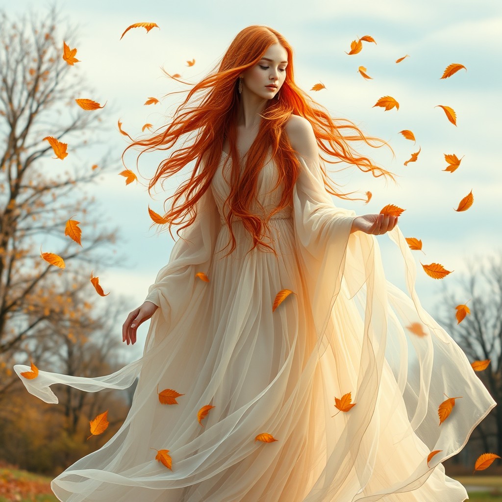 A stunning goddess personifying the essence of autumn and the concept of impermanence, depicted with elegant air qualities