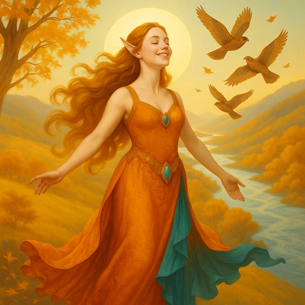 A Western European goddess depicted in a magical autumn setting, with a serene smile directed towards the air
