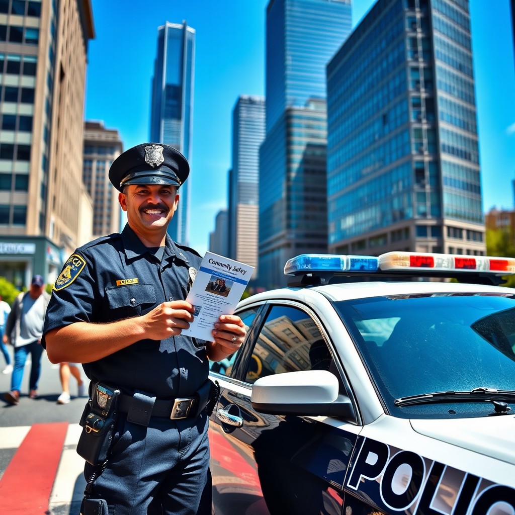 A dynamic scene featuring a police officer in uniform standing next to a patrol car, showcasing the officer's authority and professionalism