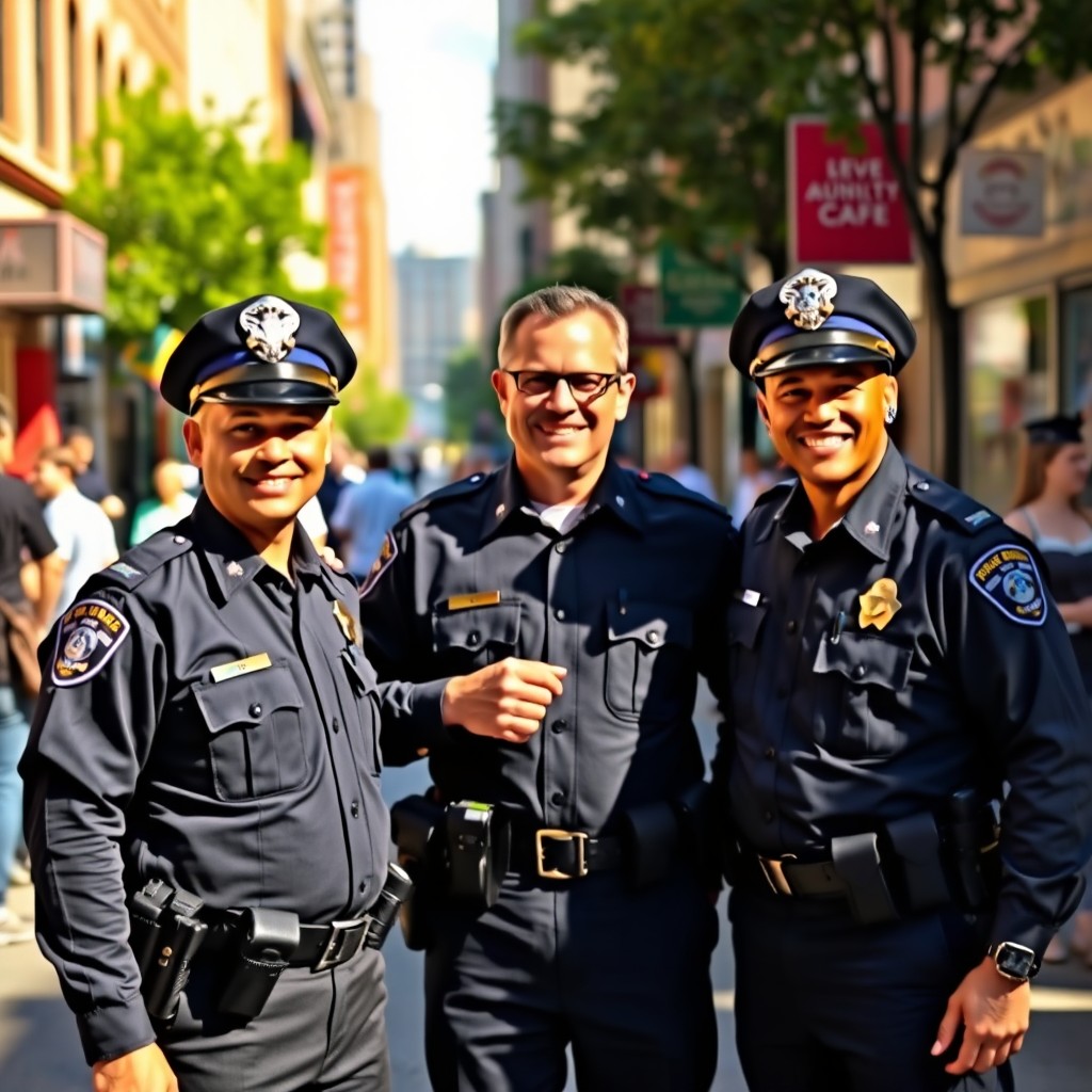A vibrant city scene depicting a group of three police officers standing together, smiling and engaging with the community