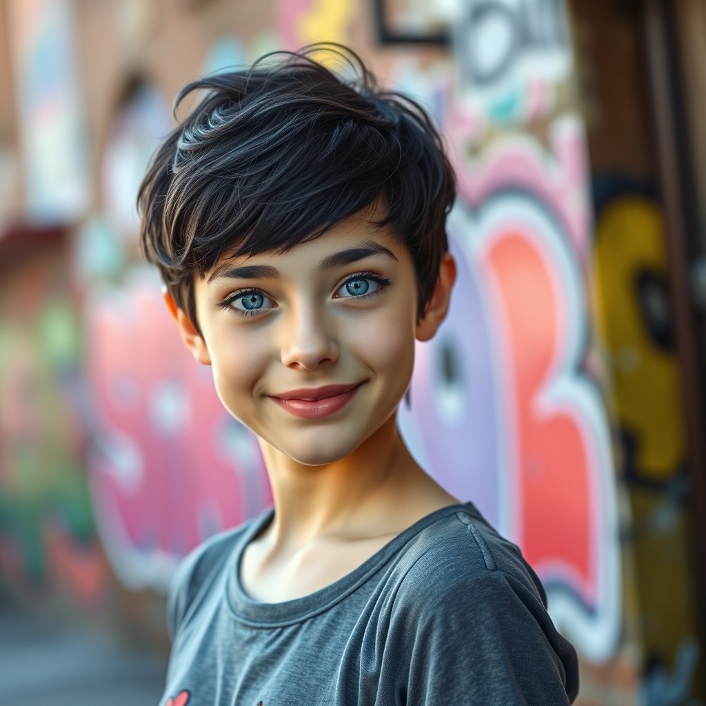 A beautiful teenage girl with short, wavy black hair styled in a boyish cut, and striking icy blue eyes