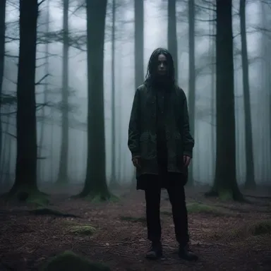 In the horror movie, the protagonist finds herself in a dark and primitiveness forest, surrounded by mysterious sounds and unexplained phenomena.