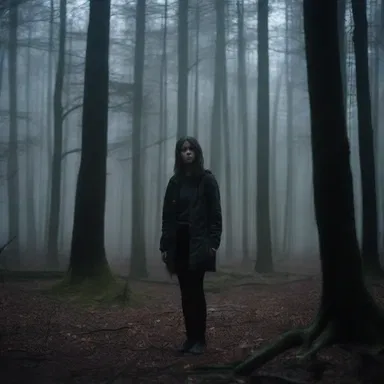 In the horror movie, the protagonist finds herself in a dark and primitiveness forest, surrounded by mysterious sounds and unexplained phenomena.