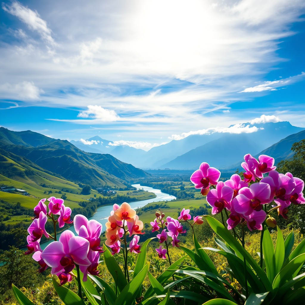 A beautiful landscape depicting the stunning scenery of Bolívar State, Venezuela, showcasing lush green hills, vibrant blue skies, and a serene river flowing through the valley